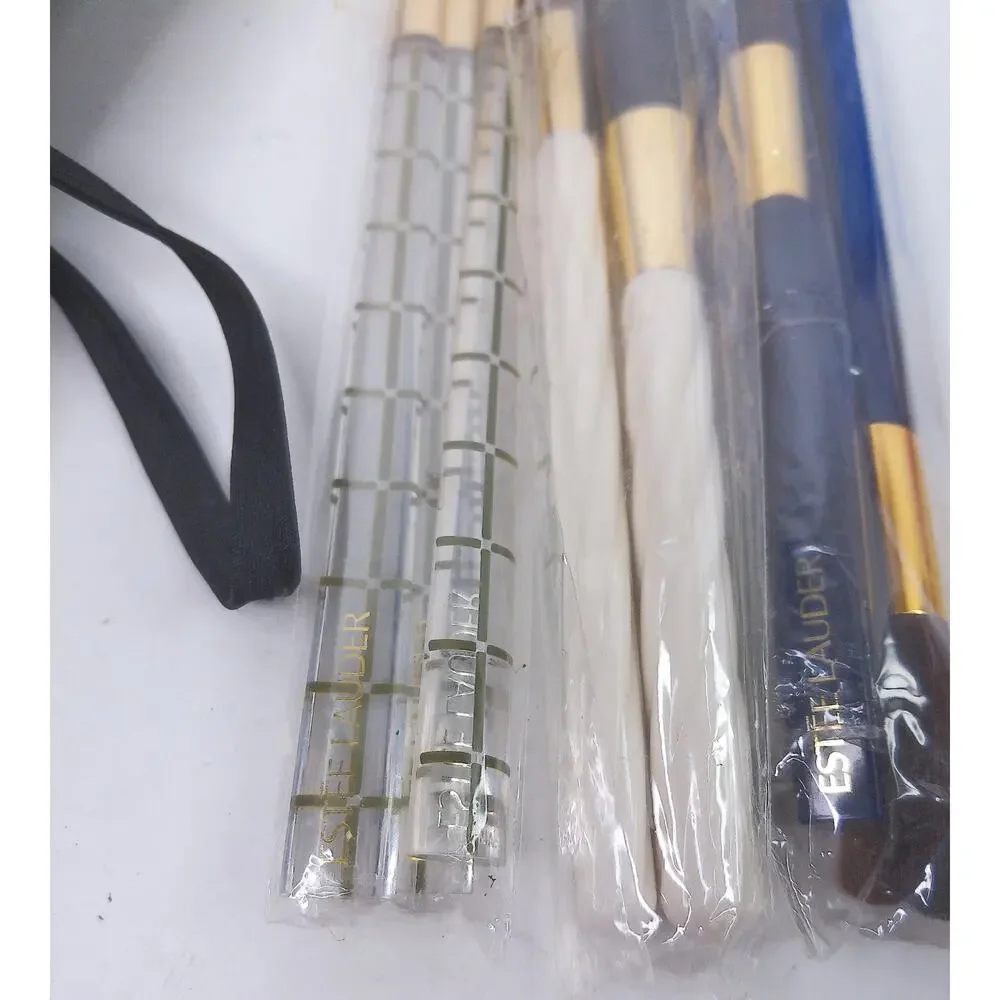 Vintage Estee Lauder Make Up Brush Lot With Pouch 3 Sets Navy White Gold Plaid
